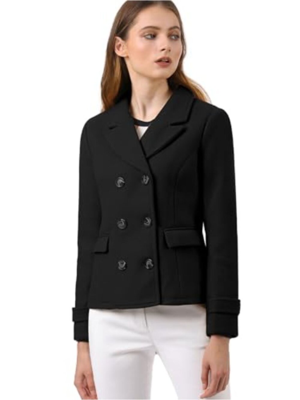 Elegant Double Breasted Pea Coat, Notched Lapel, Long Sleeve, Fully Lined